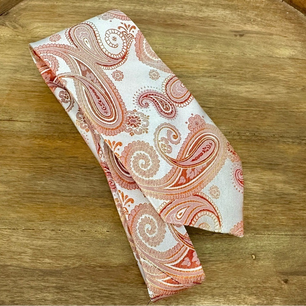 Paul Malone Necktie‎ OS Orange Peach Paisley Pure Silk Jacquard Classic Tie